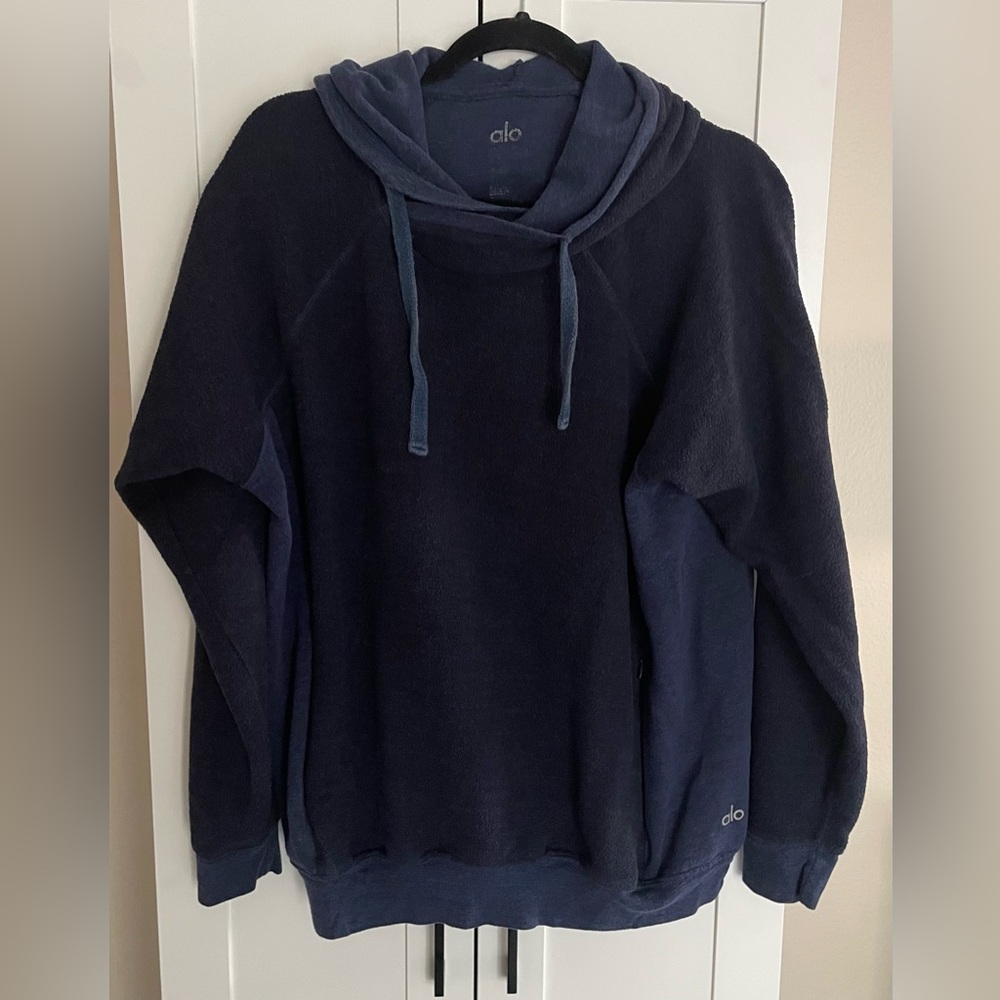 Alo Navy Blue Triumph Fleece Hoodie with Hidden Pockets - Size L